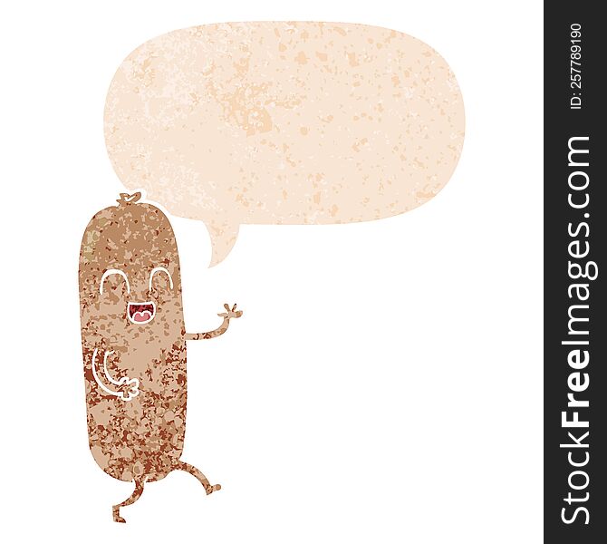 Cartoon Dancing Sausage And Speech Bubble In Retro Textured Style