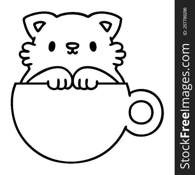 line doodle of a cute little cat in a coffee cup. line doodle of a cute little cat in a coffee cup