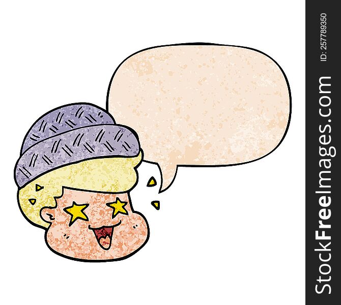 cartoon boy wearing hat and speech bubble in retro texture style