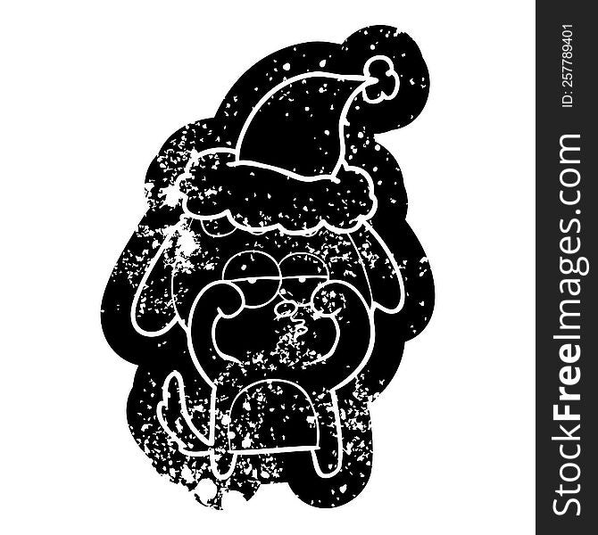 quirky cartoon distressed icon of a tired dog wearing santa hat