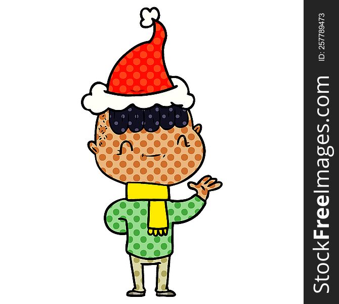 hand drawn comic book style illustration of a friendly boy wearing santa hat