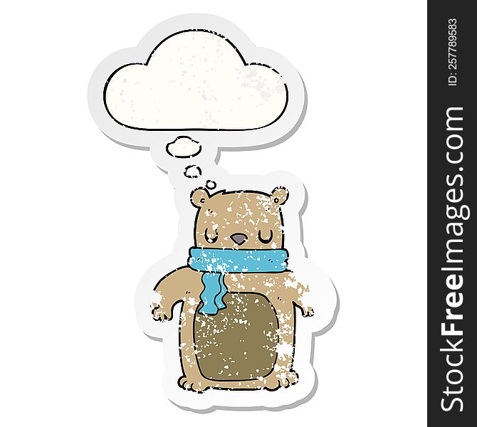Cartoon Bear With Scarf And Thought Bubble As A Distressed Worn Sticker