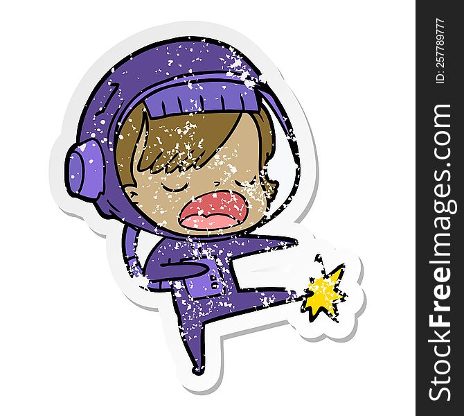 distressed sticker of a cartoon astronaut woman kicking