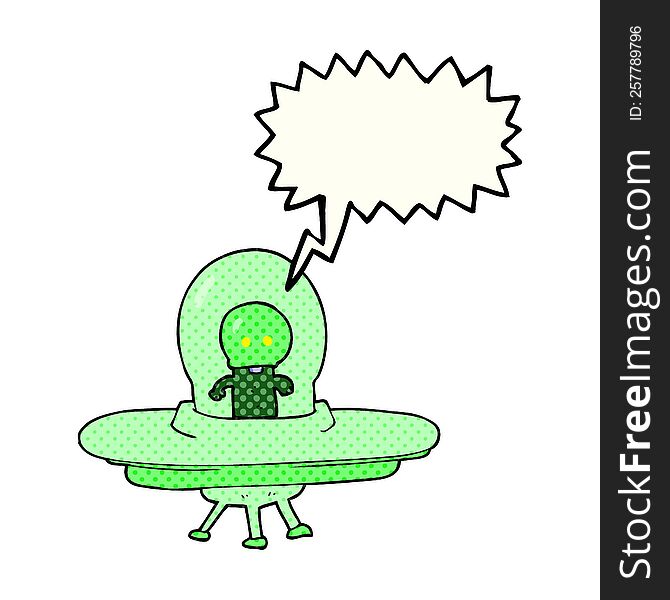 freehand drawn comic book speech bubble cartoon alien in flying saucer