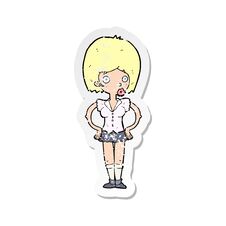 Retro Distressed Sticker Of A Cartoon Woman With Hands On Hips Stock Photo