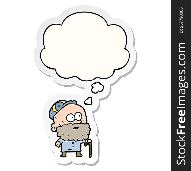 cartoon old man with walking stick with thought bubble as a printed sticker