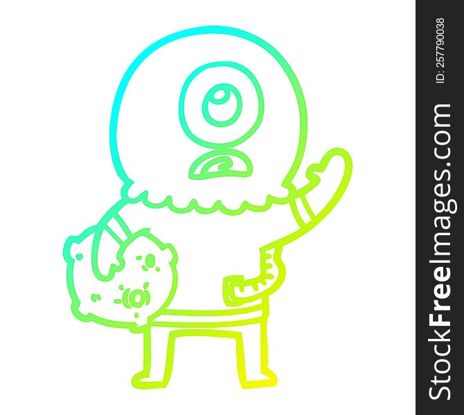 Cold Gradient Line Drawing Cartoon Cyclops Alien Spaceman Waving