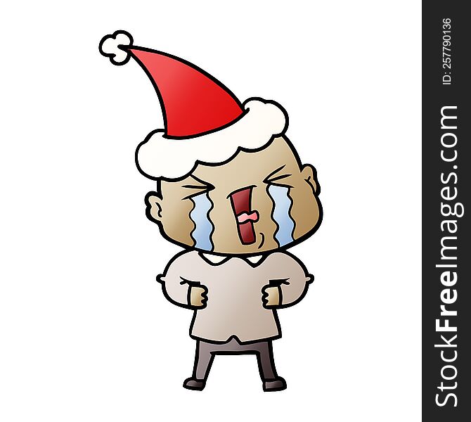 Gradient Cartoon Of A Crying Bald Man Wearing Santa Hat