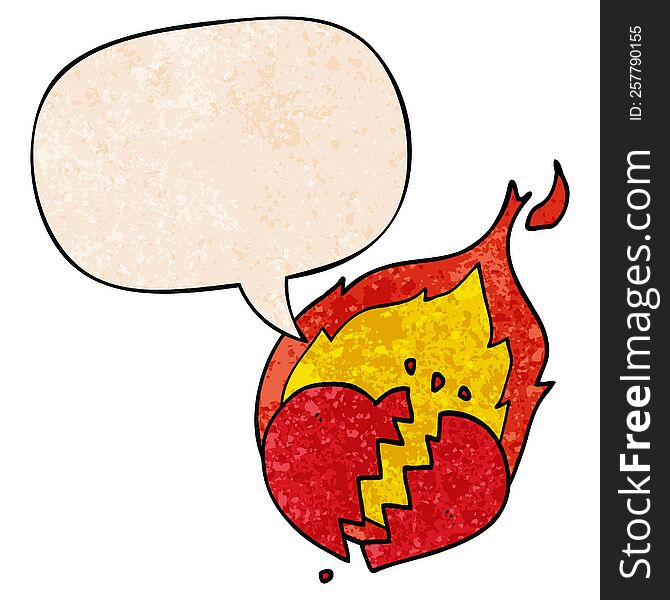 Cartoon Flaming Heart And Speech Bubble In Retro Texture Style