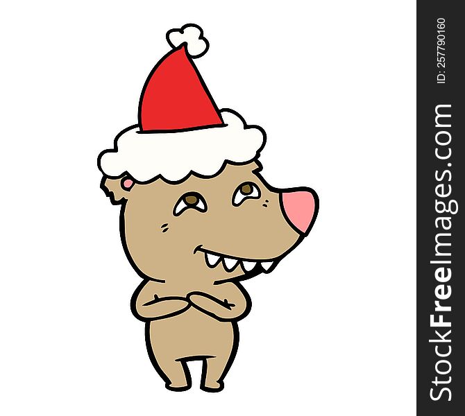 Line Drawing Of A Bear Showing Teeth Wearing Santa Hat