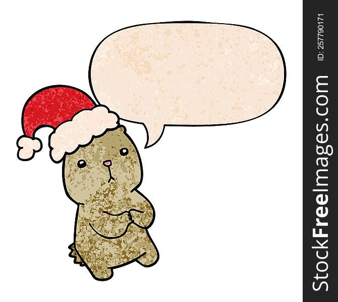 Cartoon Christmas Bear Worrying And Speech Bubble In Retro Texture Style