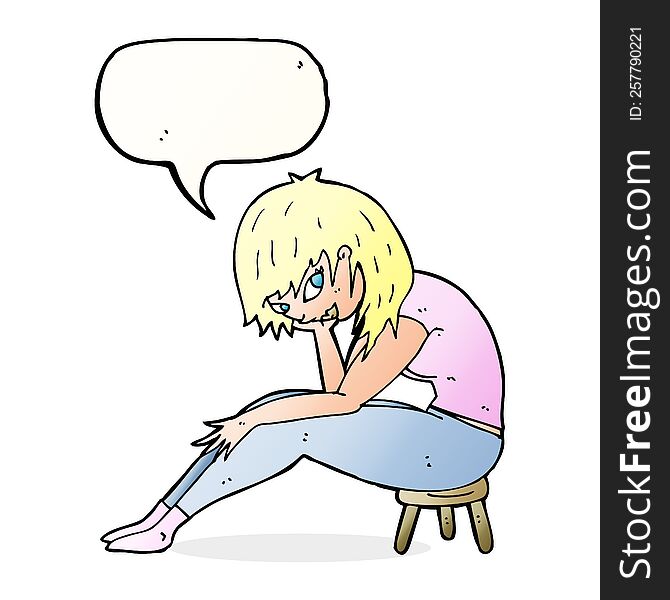 Cartoon Woman Sitting On Small Stool With Speech Bubble