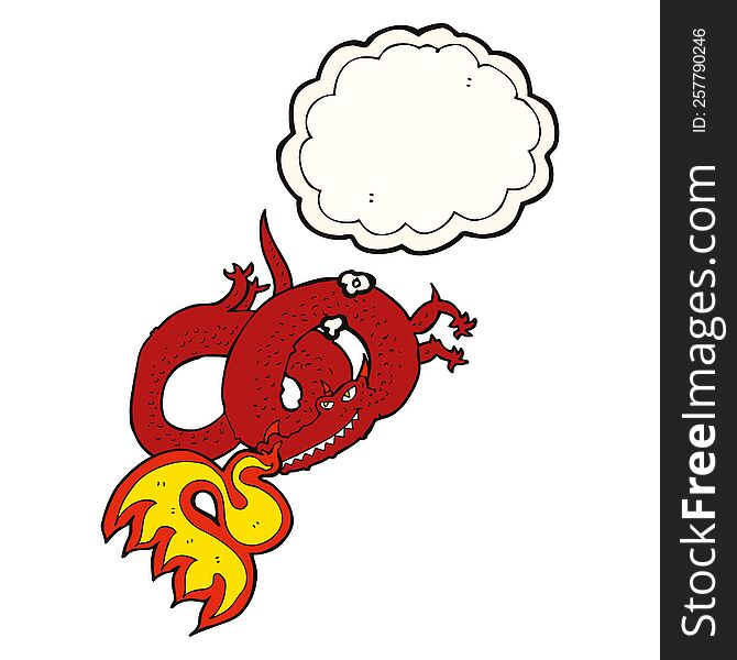 cartoon dragon breathing fire with thought bubble