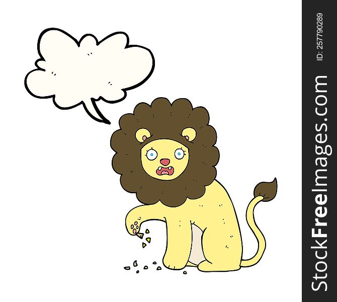 freehand drawn speech bubble cartoon lion with thorn in foot