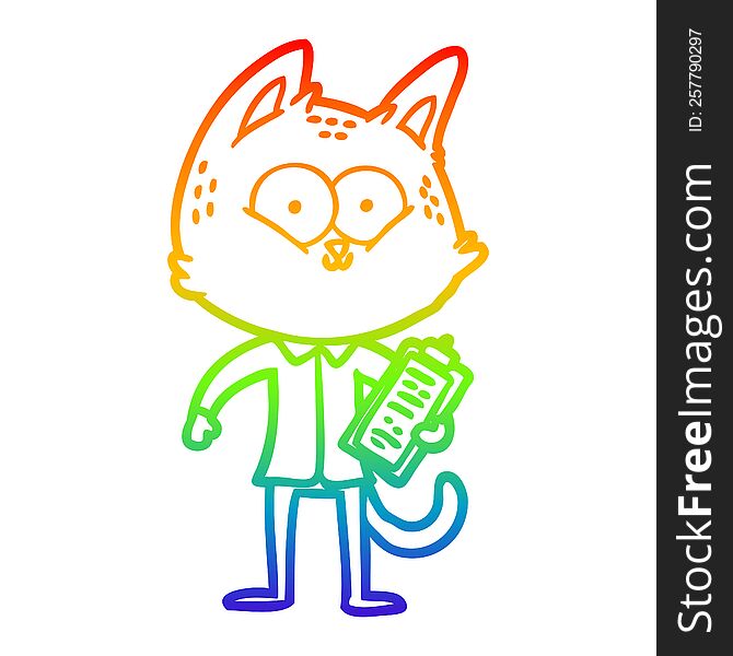 Rainbow Gradient Line Drawing Cartoon Cat With Clipboard