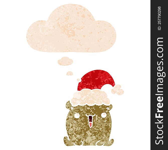 Cute Cartoon Bear With Christmas Hat And Thought Bubble In Retro Textured Style