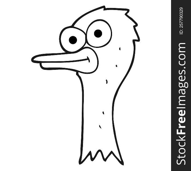 freehand drawn black and white cartoon ostrich head