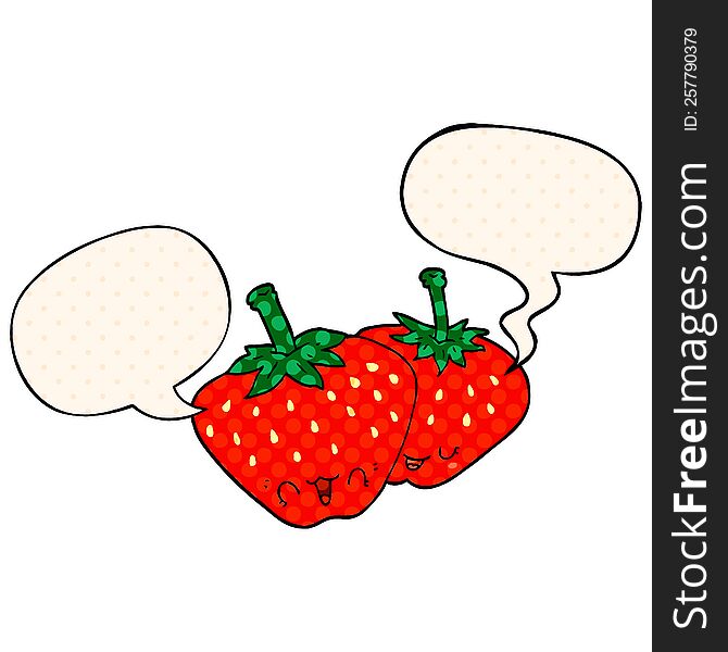 cartoon strawberries and speech bubble in comic book style