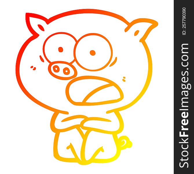 Warm Gradient Line Drawing Shocked Cartoon Pig Sitting Down