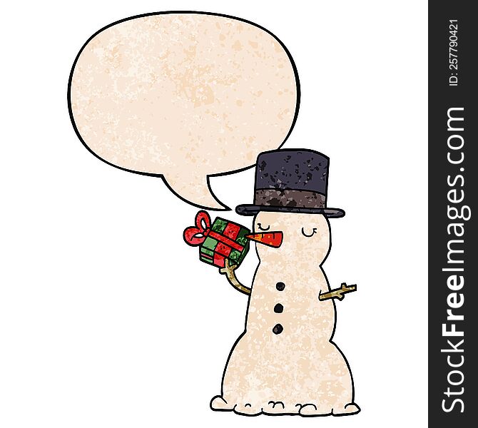 cartoon snowman with speech bubble in retro texture style
