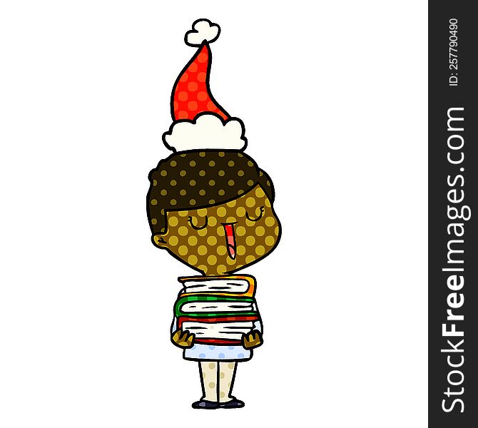 hand drawn comic book style illustration of a happy boy with stack of books wearing santa hat