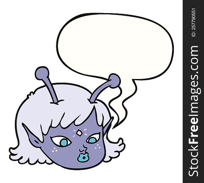 Cartoon Alien Space Girl Face And Speech Bubble