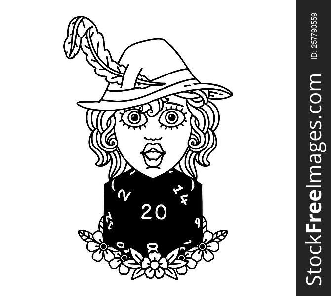 Black and White Tattoo linework Style human bard with natural 20 dice roll. Black and White Tattoo linework Style human bard with natural 20 dice roll