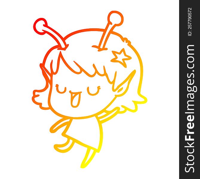 warm gradient line drawing of a happy alien girl cartoon laughing