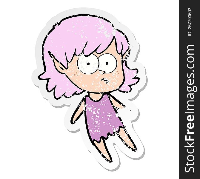 distressed sticker of a cartoon elf girl floating