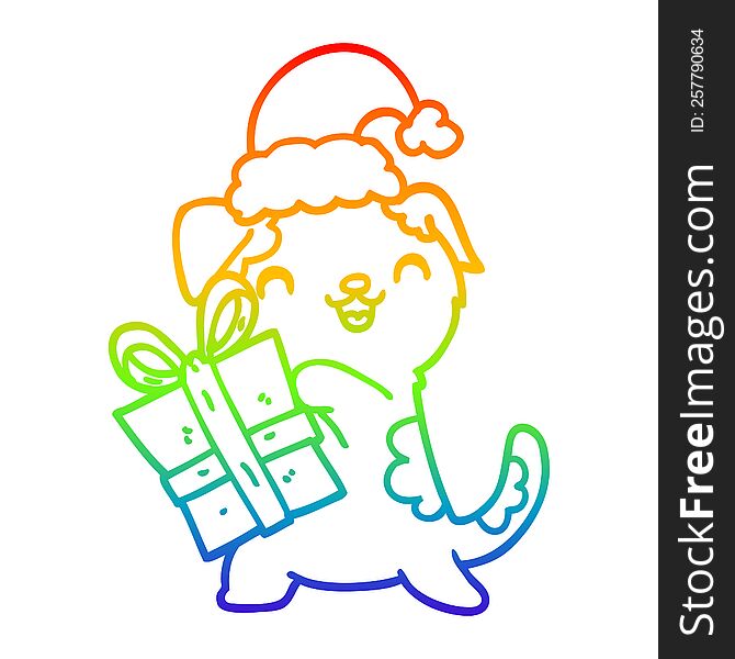 Rainbow Gradient Line Drawing Cute Cartoon Puppy With Christmas Present And Hat