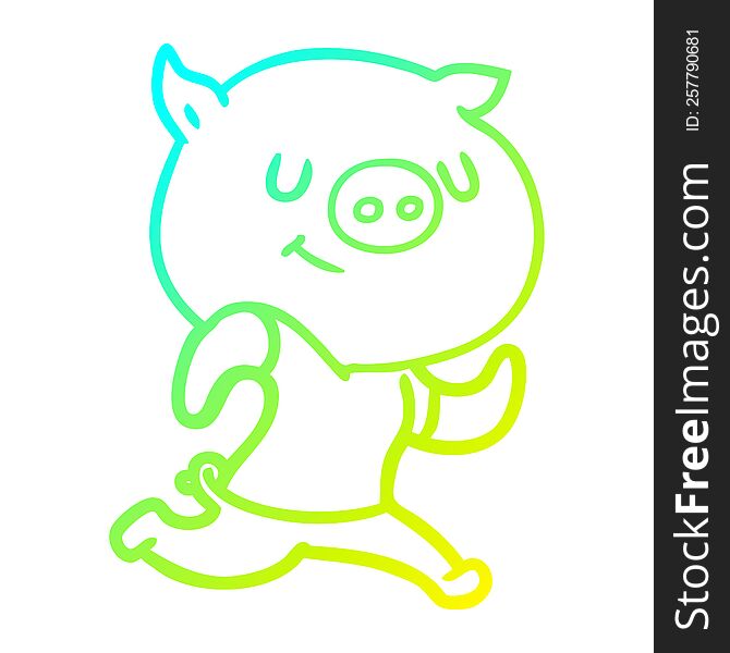 cold gradient line drawing of a happy cartoon pig running