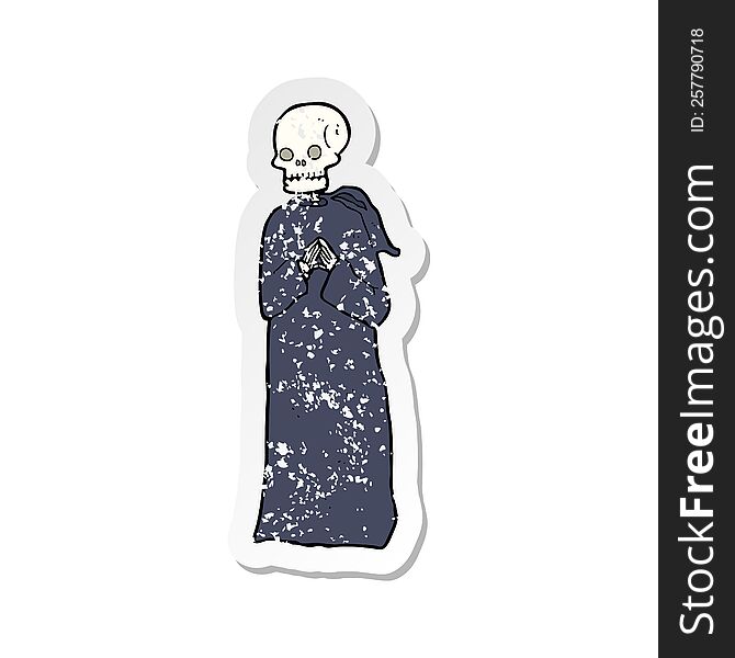 retro distressed sticker of a cartoon skeleton in black robe