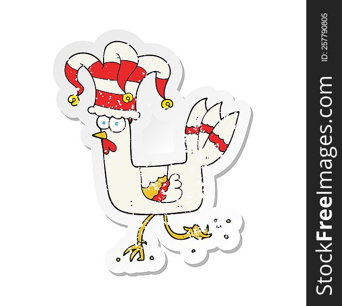 Retro Distressed Sticker Of A Cartoon Chicken Running In Funny Hat