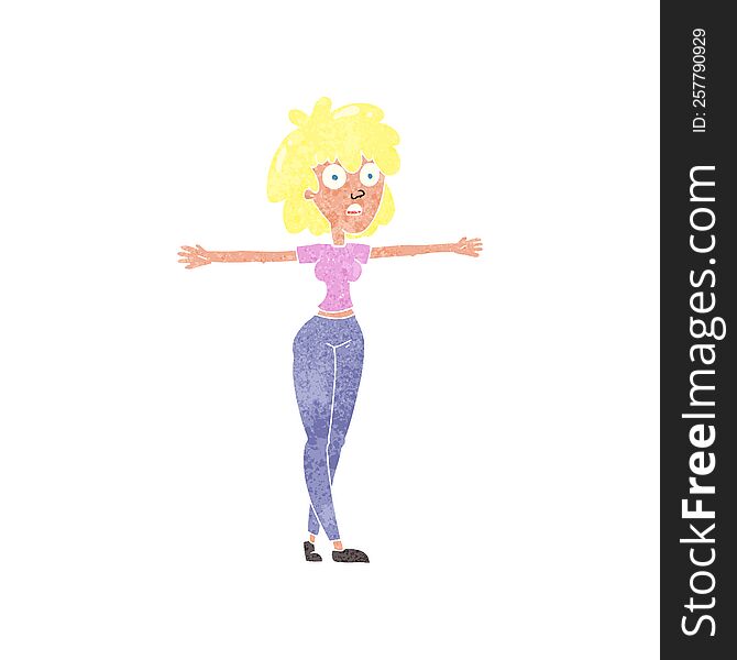 freehand retro cartoon woman spreading arms