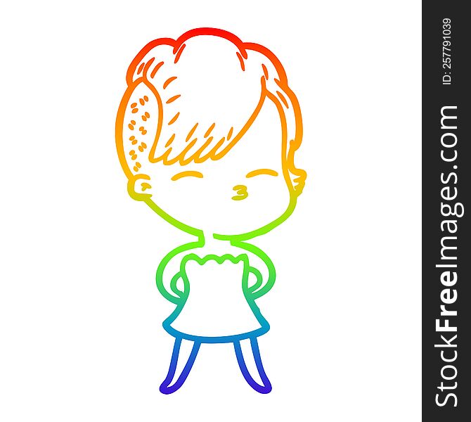 rainbow gradient line drawing of a cartoon squinting girl in dress