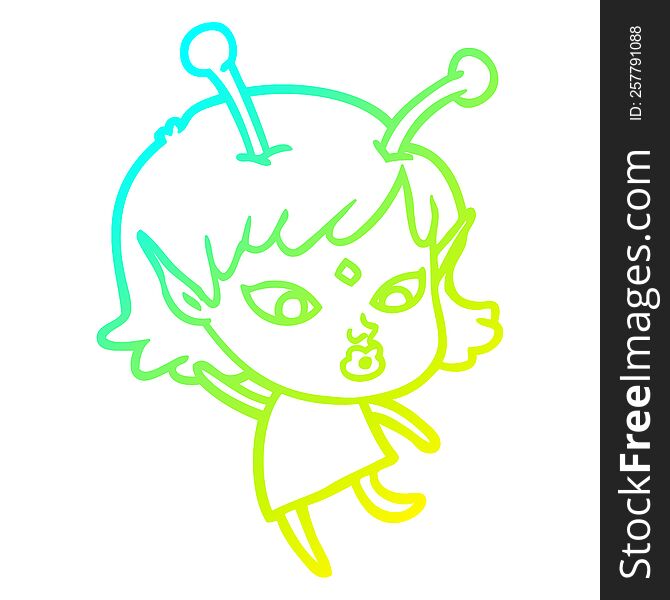 cold gradient line drawing of a pretty cartoon alien girl dancing