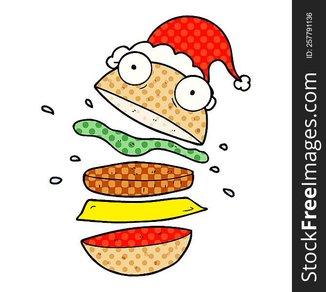 hand drawn comic book style illustration of a amazing burger wearing santa hat