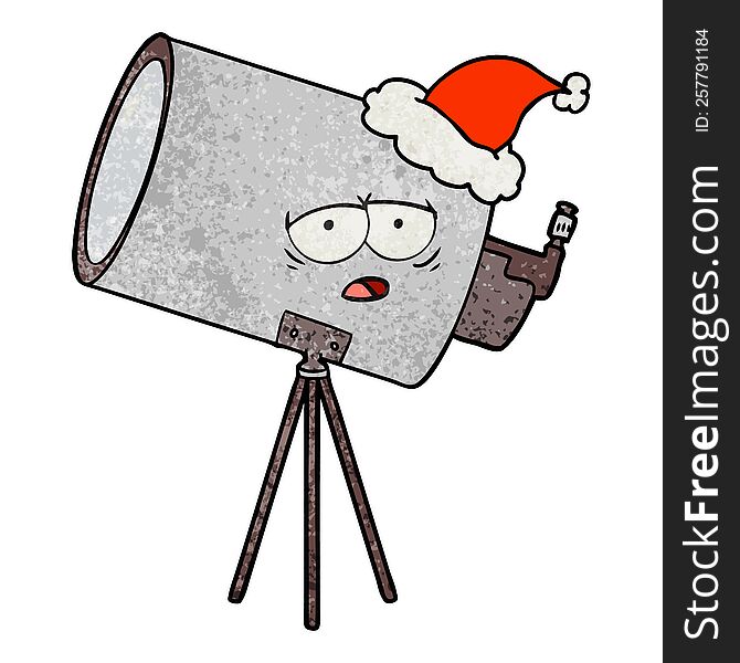 hand drawn textured cartoon of a bored telescope with face wearing santa hat