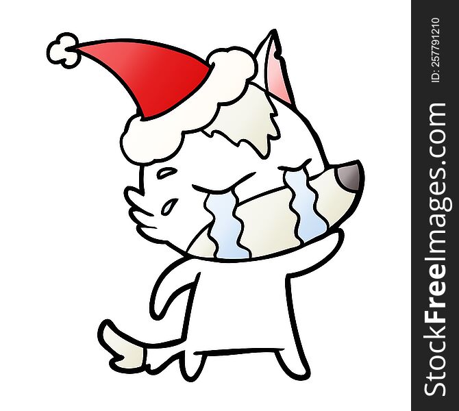 Gradient Cartoon Of A Crying Wolf Wearing Santa Hat