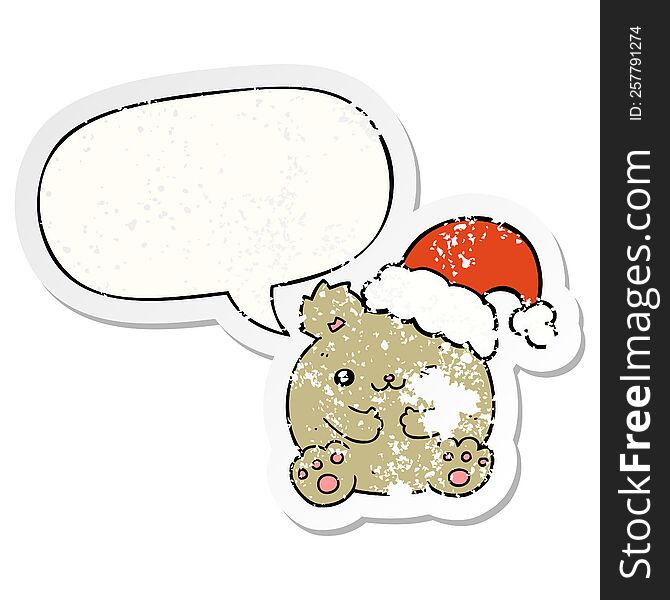 cute cartoon christmas bear and speech bubble distressed sticker