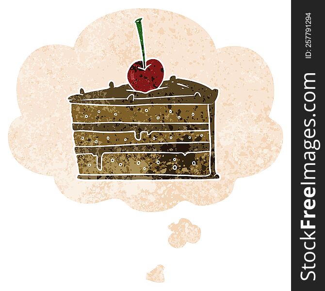 cartoon chocolate cake with thought bubble in grunge distressed retro textured style. cartoon chocolate cake with thought bubble in grunge distressed retro textured style