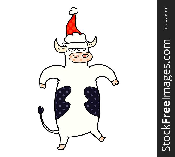 hand drawn comic book style illustration of a bull wearing santa hat