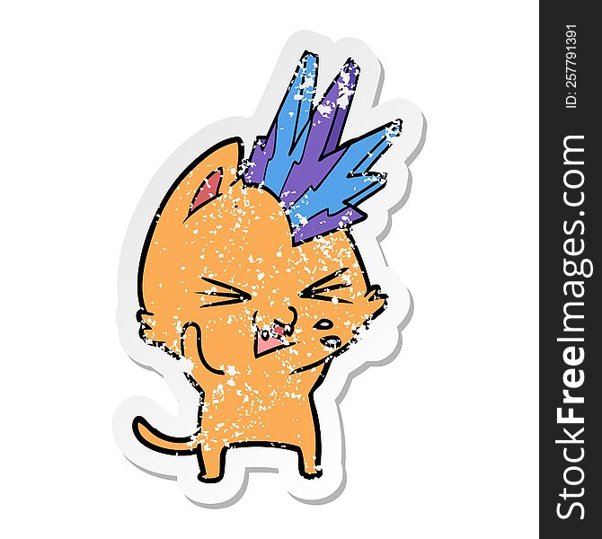 distressed sticker of a cartoon punk rock cat hissing