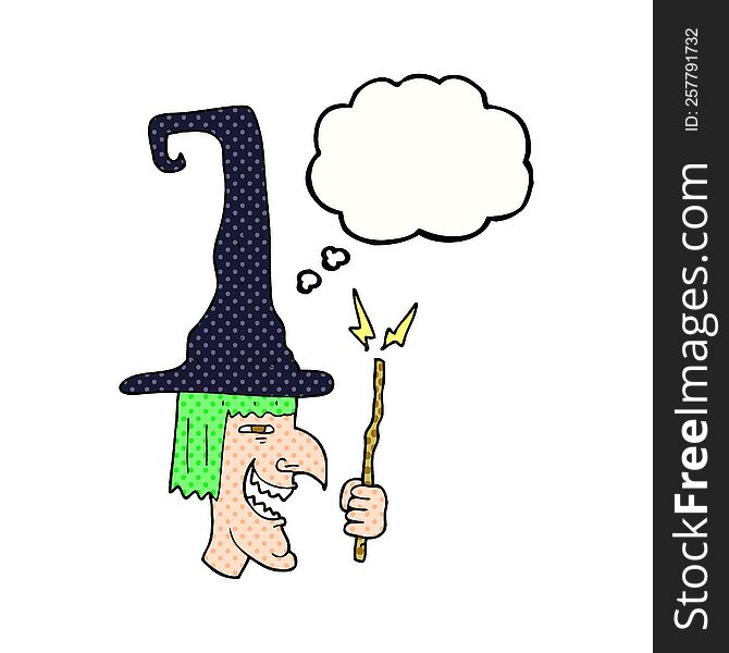 freehand drawn thought bubble cartoon laughing witch