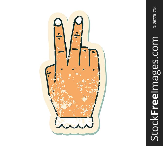 grunge sticker of a hand raising two fingers gesture. grunge sticker of a hand raising two fingers gesture