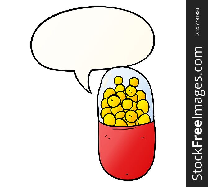 cartoon pill with speech bubble in smooth gradient style