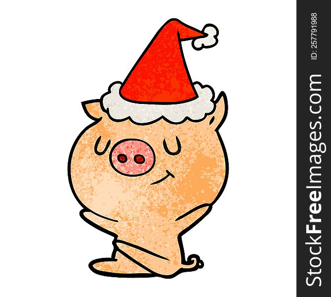 happy hand drawn textured cartoon of a pig wearing santa hat. happy hand drawn textured cartoon of a pig wearing santa hat