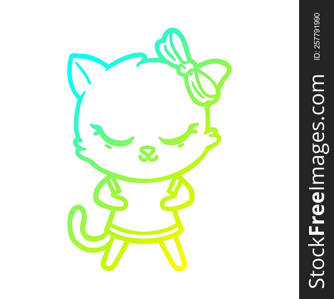 cold gradient line drawing of a cute cartoon cat with bow