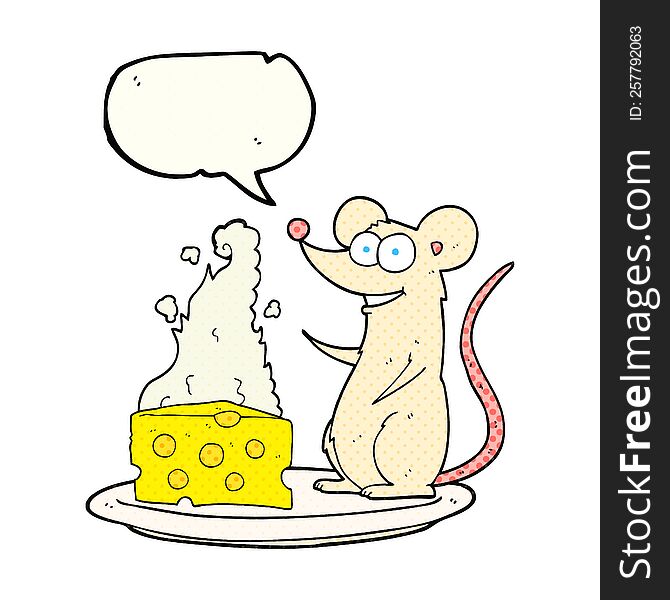 freehand drawn comic book speech bubble cartoon mouse with cheese