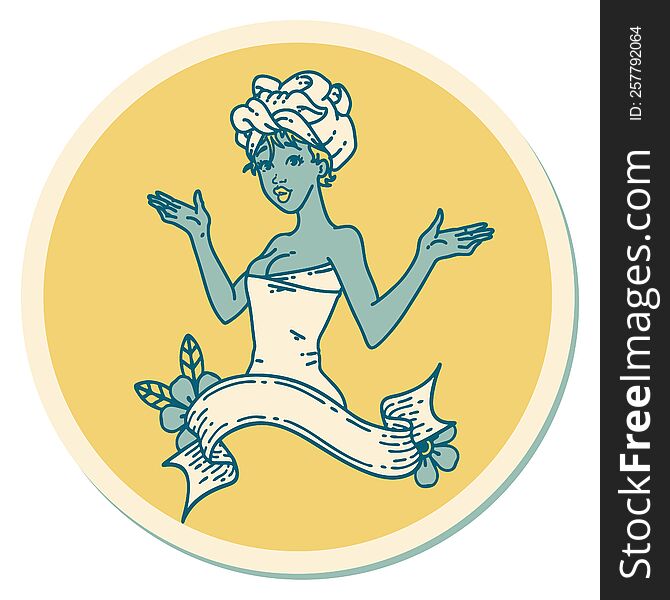 Tattoo Style Sticker Of A Pinup Girl In Towel With Banner